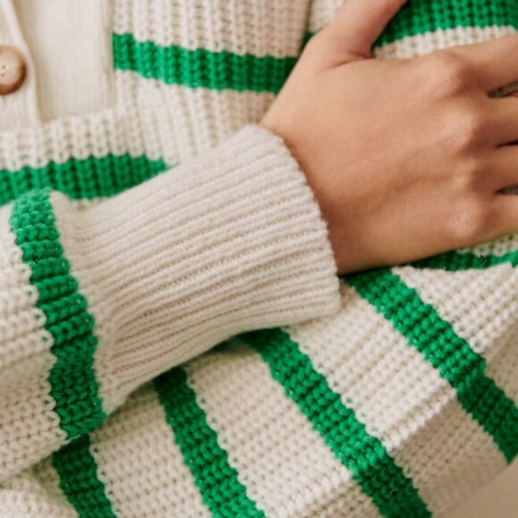 LA Maille Sezane Kyam White and Green Striped Jumper with Buttons - Picture 4 of 9